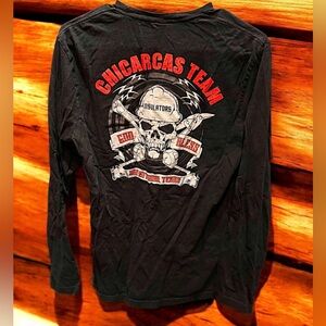 Hand crafted skull Gildan Black Long Sleeve Tee with Red Graphic MEDIUM